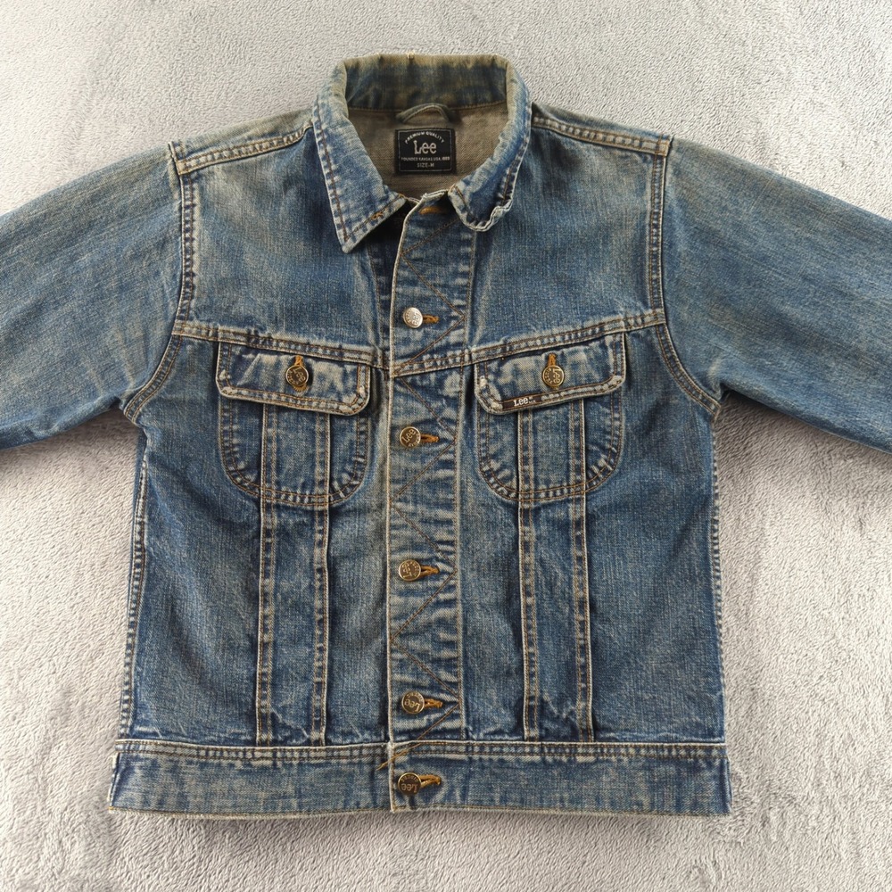Lee Denim Jacket Womens Medium Blue Trucker Jean Coat Faded Distressed Cotton